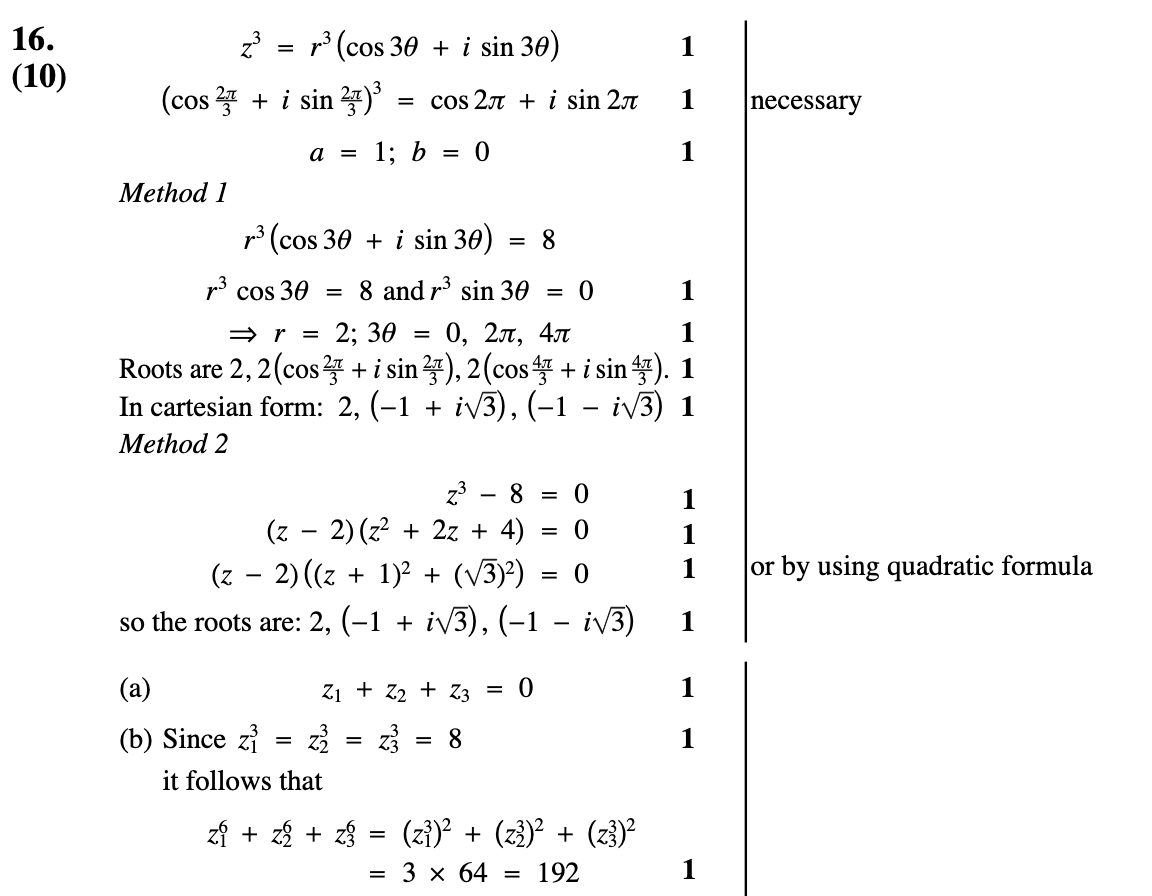 2010 Question 16 Marking Instructions